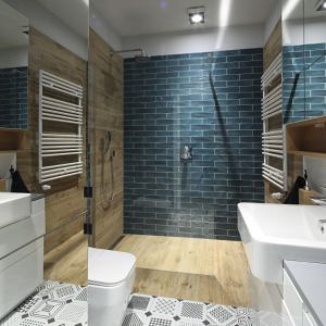 Połyskujące cegiełki w małej łazience z prysznicem. Projekt wnętrza: Maciejka Peszyńska-Drews. Fot. Bartosz Jarosz