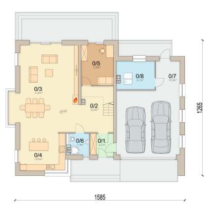 Pomieszczenia na parterze. 1. wiatrołap – 4.27 m2, 2. hol – 10.24 m2, 3. salon – 47.26 m2, 4. kuchnia – 15.03 m2, 5. pokój – 14.78 m2, 6. łazienka – 3.78 m2, 7. garaż – 41.5 m2, 8. kotłownia – 9.13 m2