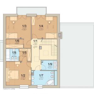 Pomieszczenia na poddaszu. 1. korytarz – 7.68 m2, 2. pokój – 13.08 m2, 3. pokój – 14.1 m2, 4. pokój – 12.44 m2, 5. garderoba – 4.14 m2, 6. garderoba – 2.91 m2, 7. łazienka – 7.93 m2, 8. łazienka – 2.42 m2, 9. pralnia – 2.66 m2