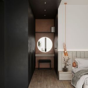 Główną rolę w sypialni właścicieli odgrywa duże łóżko z miękkim wezgłowiem w odcieniach szarości. Projekt wnętrza i wizualizacje: MIKOŁAJSKAstudio 