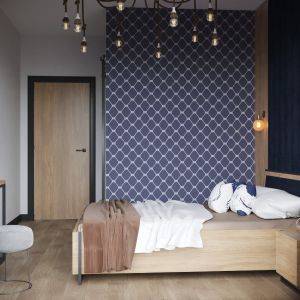 Z płyty laminowanej zostały wykonane meble oraz pokryto nią część ściany za łóżkiem w sypialni. Projekt wnętrza: Ewa Krawczyk, Anders Desine. Wizualizacje: Pfleiderer