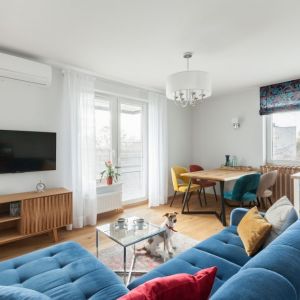Niebieska kanapa w nowoczesnym salonie. Projekt wnętrza: Justyna Mojżyk, poliFORMA. Zdjęcie: Monika Filipiuk-Obałek