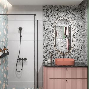 Różowe meble łazienkowe. Projekt wnętrza i zdjęcia Nina Rosińska, pracownia Projekt Niro