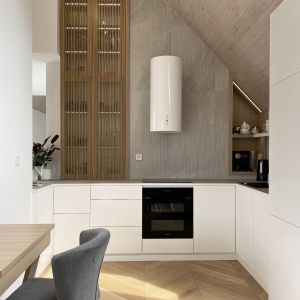 Salon łączy się bezpośrednio z kuchnią, która jest umiejscowiona wokół komina. Projekt wnętrza: Projektive Architekci. Fot. Gala Collezione