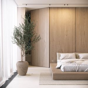 W stylistyce japandi istotna jest natura, doskonałym dodatkiem stało się drzewko oliwne w dużej, kamiennej wazie. Projekt wnętrza: Paulina Boruch, Scena Interior Design