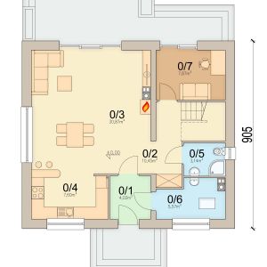 Pomieszczenia na parterze. 1. wiatrołap – 4.02 m2, 2. komunikacja – 10.45 m2, 3. salon – 30.87 m2, 4. kuchnia – 7.6 m2, 5. łazienka – 3.14 m2, 6. pom. gospodarcze – 5.57 m2, 7. pokój – 7.87 m2