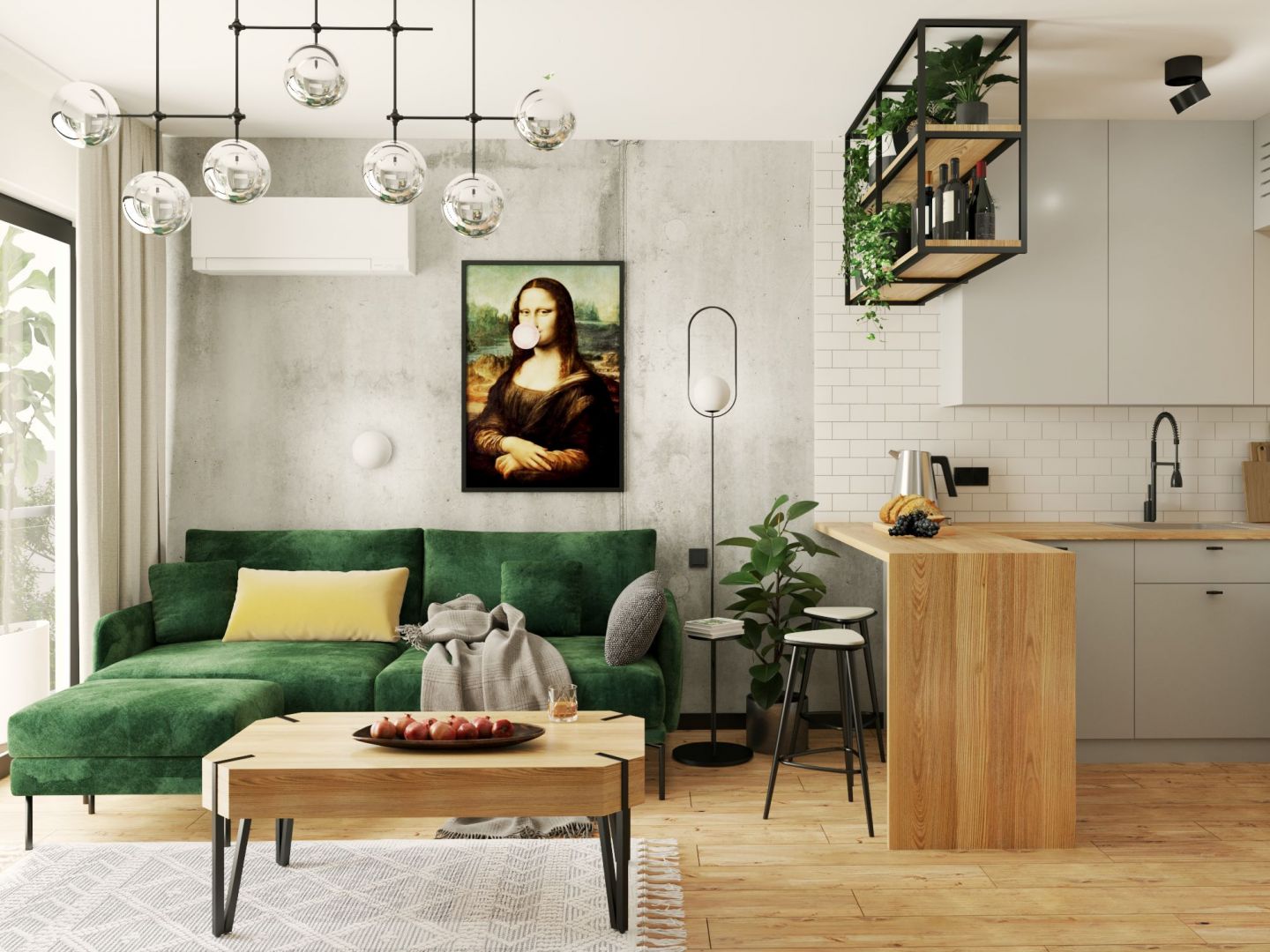 Strefę salonu ożywia zielona sofa z dopasowanym kolorystycznie wielofunkcyjnym podnóżkiem. Projekt wnętrza: ATUT Architektura Wnętrz