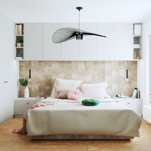 W sypialni dominują neutralne, pudrowe odcienie wprowadzające uczucie przytulności i wyciszenia. Projekt wnętrza: ATUT Architektura Wnętrz