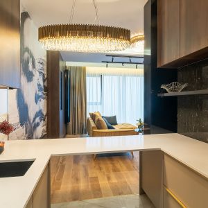 Widok z kuchni na salon. Projekt i nadzór autorski: archdesign Agnieszka Romańczyk. Zdjęcia: Adam Kocimski Fotografia
