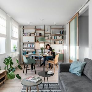 Mały salon w bloku w stylu skandynawskim. Projekt wnętrza: Raca Architekci. Fot. Fotomohito