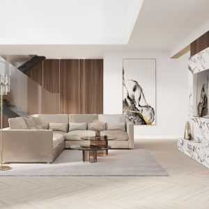W salonie uwagę zwraca wykończenie ścian pięknie żyłkowanym marmurem i drewnianymi panelami. Projekt wnętrza: Małgorzata Górska-Niwińska, pracownia architektoniczna MGN