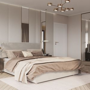 Środek pomieszczenia zajmuje ogromne, tapicerowane łóżko, a po jego bokach stoją specjalnie zaprojektowane szafki nocne. Projekt wnętrza: Małgorzata Górska-Niwińska, pracownia architektoniczna MGN