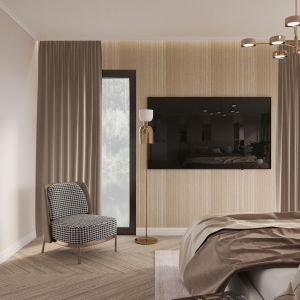 Drewno na ścianie za telewizorem w sypialni. Projekt wnętrza: Małgorzata Górska-Niwińska, pracownia architektoniczna MGN
