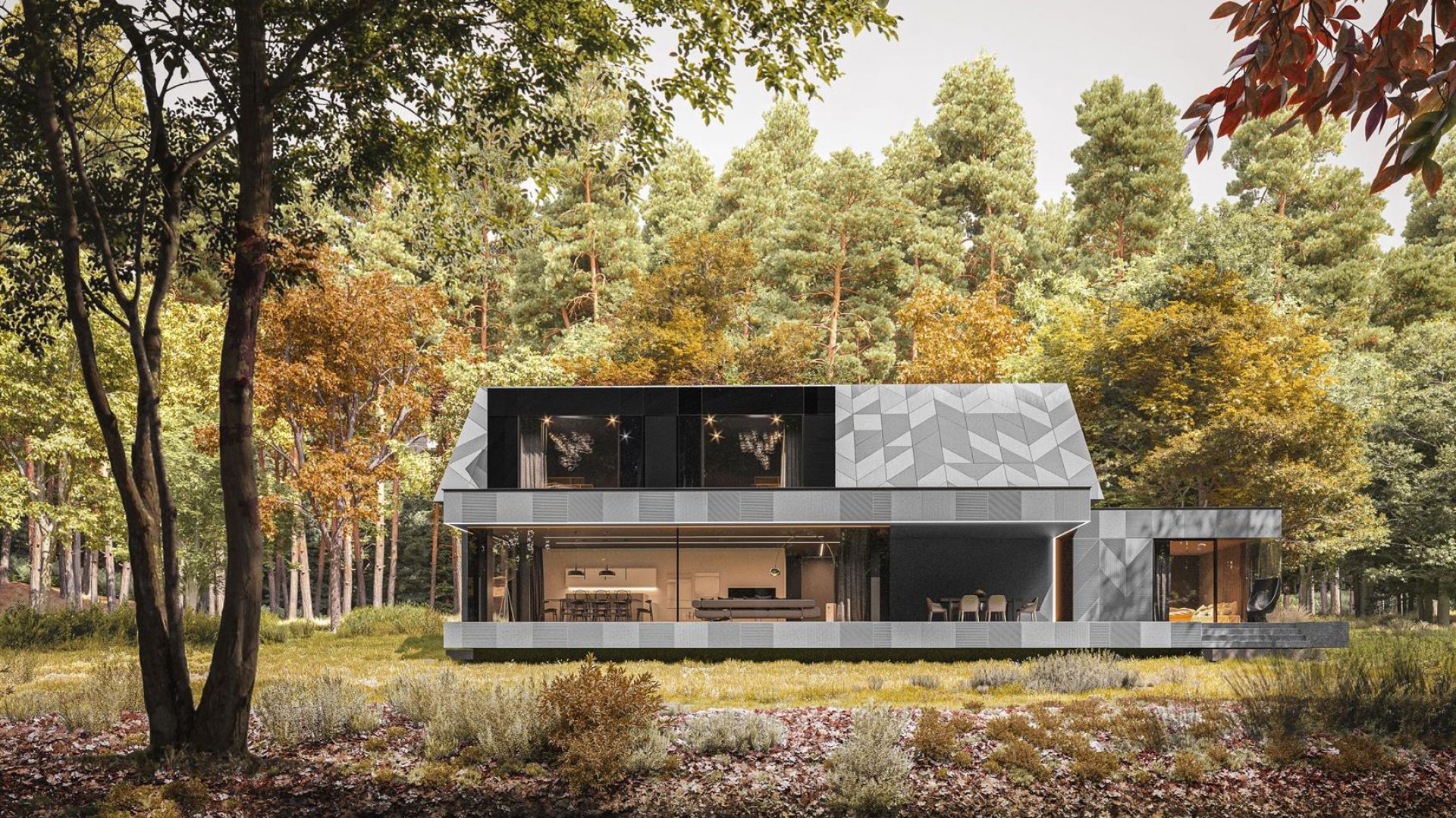 Dom w lesie. Efekt 3D na elewacji i dachu. Wyjątkowy projekt polskiego architekta!