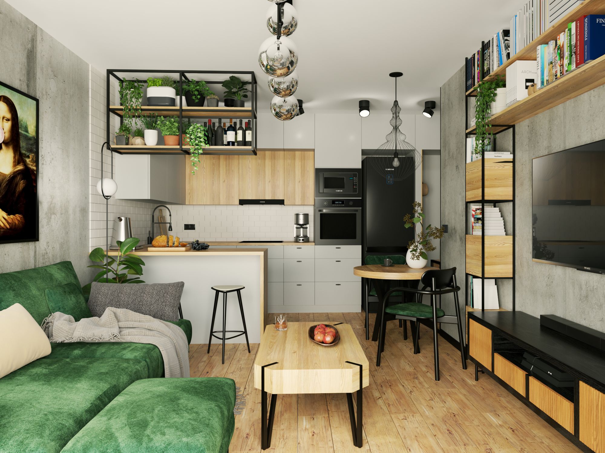 Mały salon z kuchnią i jadalnią w stylu loftowym. Projekt wnętrza ATUT Architektura Wnętrz