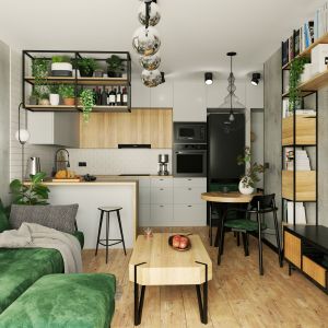Mały salon z kuchnią i jadalnią w stylu loftowym. Projekt wnętrza ATUT Architektura Wnętrz