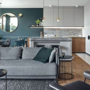 Kolor szary i zieleń w nowoczesnym salonie w bloku. Projekt wnętrza: Marta i Michał Raca, Raca Architekci. Fot. Tom Kurek