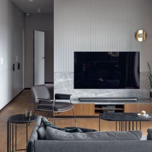 Kolor szary i zieleń w nowoczesnym salonie w bloku. Projekt wnętrza: Marta i Michał Raca, Raca Architekci. Fot. Tom Kurek
