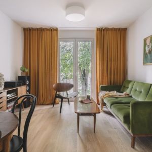 Zielona kanapa i fotel ze sklejki w niedużym salonie. Projekt wnętrza: Monika Wierzba-Krygiel. Fot. Kroniki Studio