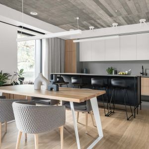 Kuchnia i jadalnia w otwartej części dziennej. Projekt przebudowy domu i wnętrz: Anna Maria Sokołowska Architektura Wnętrz. Fot. Fotomohito