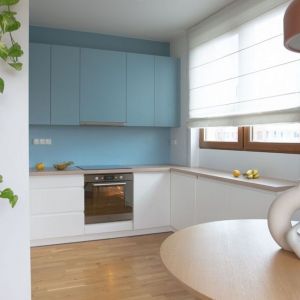 Ściana nad blatem w kuchni: farba w niebieskim i białym kolorze. Projekt wnętrza: monarchia.design. Fot. Emilia Schudy, Małgorzata Zbierska, Paweł Lesiczka