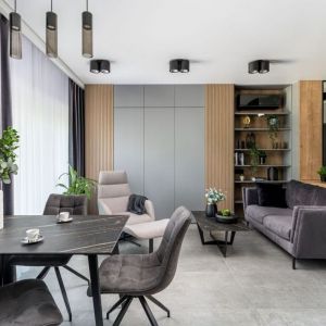 Nowoczesny salon w mieszkaniu o powierzchni 34 m2. Projekt wnętrza: Małgorzata Staniek, pracownia Marbou. Fot. Karol Kleszyk, Promo Focus