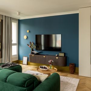 Turkusowa ściana telewizyjna w nowoczesnym salonie. Projekt wnętrza Finch Studio. Zdjęcia i stylizacja Aleksandra Dermont