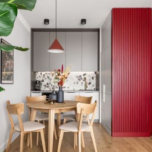 Szare meble i czerwone dodatki w małej kuchni w bloku. Projekt wnętrza: Maria Nielubszyc, pracownia Pura design. Fot. Jakub Nanowski