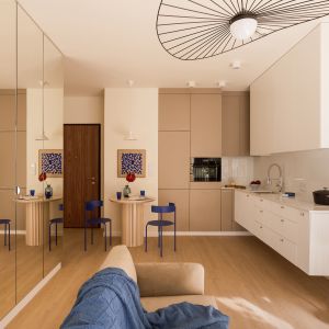 Mieszkanie o powierzchni 38 m² z małą kuchnią z jadalnią i salonem. Projekt wnętrza: Katarzyna Sosińska. Fot. MoodAuthors
