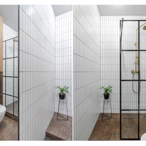 Łazienka z prysznicem w mieszkaniu w bloku. Projekt wnętrza: Latre Design. Fot. Bernadetta Kuczyńska