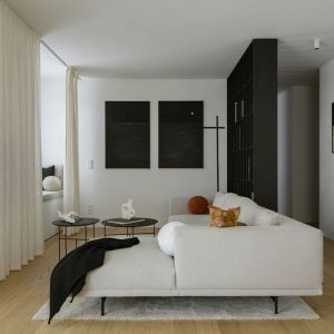 Kolor biały i czarny w nowoczesnym salonie. Projekt wnętrza: Ony-X Studio. Fot. Yassen Hristov
