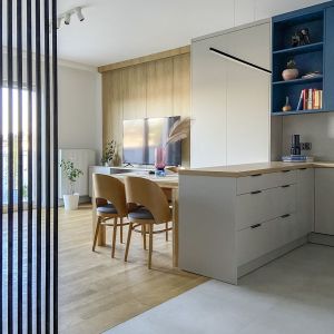Kuchnię od jadalni i salonu oddziela półwysep. Projekt wnętrza: Adam Jankowski, Kamil Paszek, AMJ studio. Fot. AMJ studio