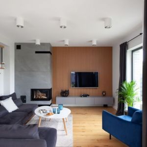 Salon w domu: drewniane lamele i szare płytki na ścianie, drewniane panele na podłodze. Projekt wnętrza: Decoroom. Fot. Marek Koptyński
