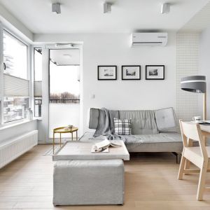 Szara kanapa i drewniana podłoga w małym salonie. Projekt wnętrza: Katarzyna Rohde, pracownia Home&Style. Fot. Bernard Białorucki