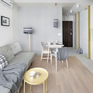 Szara kanapa i drewniana podłoga w małym salonie. Projekt wnętrza: Katarzyna Rohde, pracownia Home&Style. Fot. Bernard Białorucki